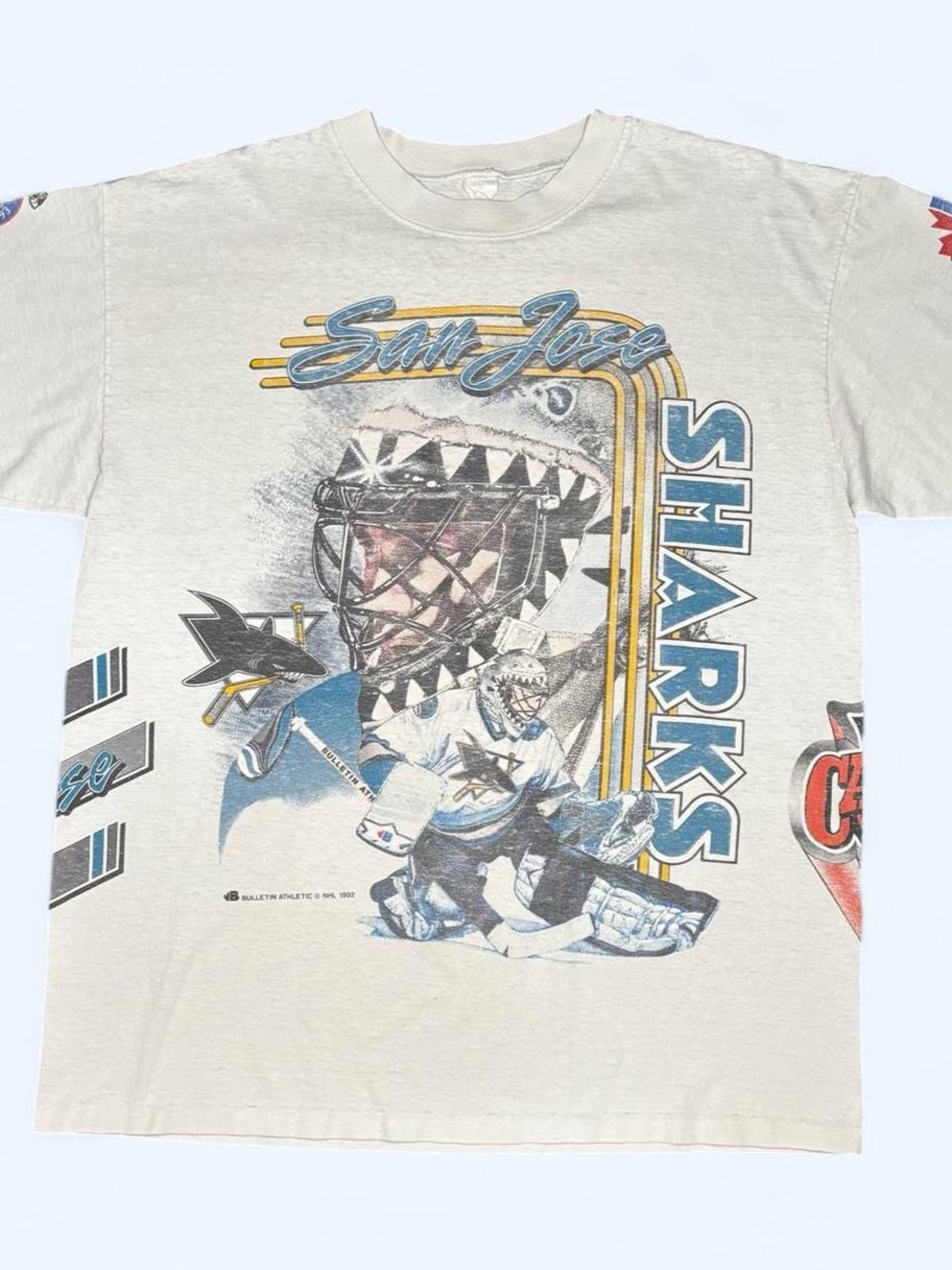 Vintage 1992 San Jose Sharks Bulletin Athletic All Over Print NHL Single Stitch